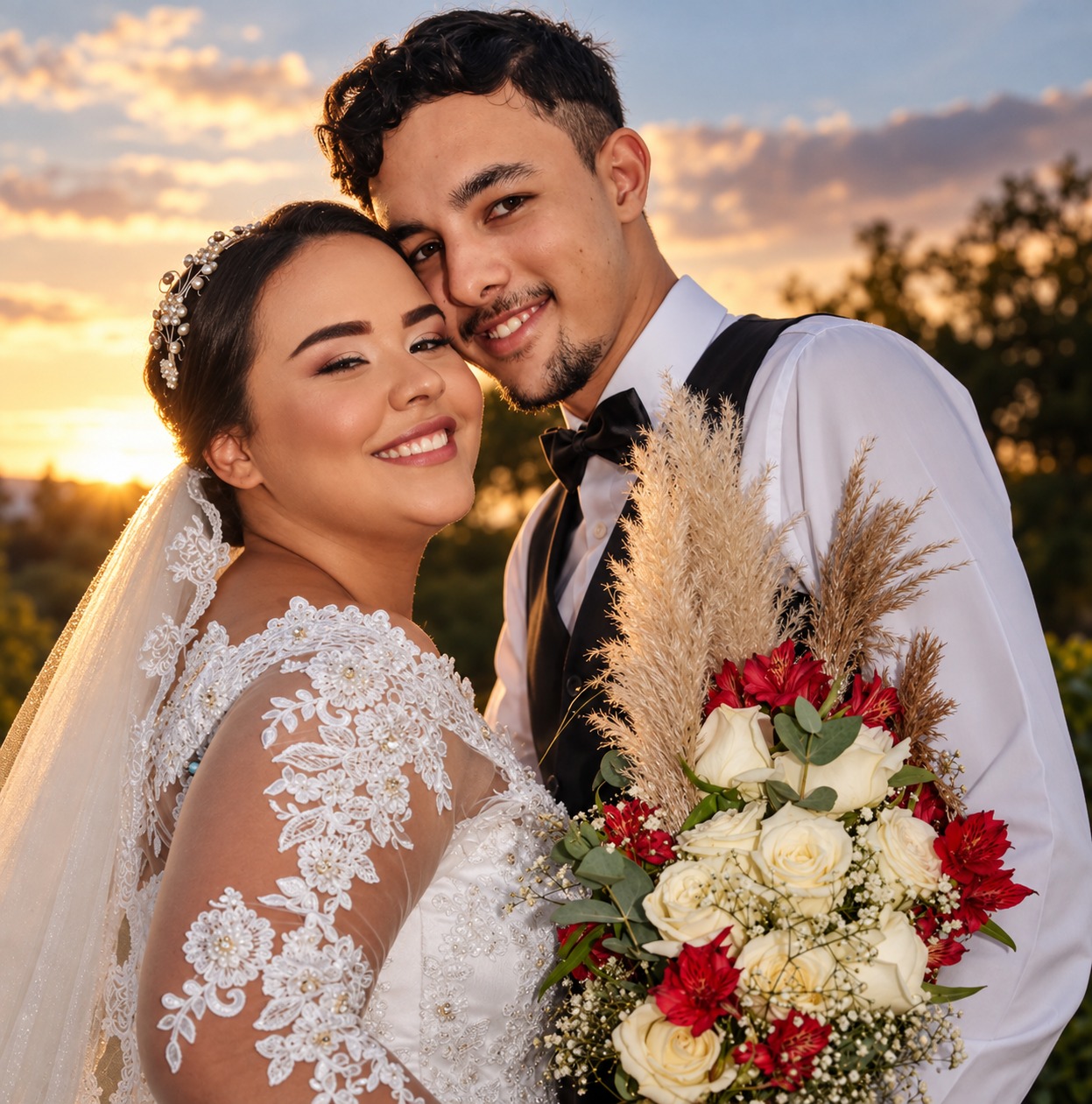 Retrato de casal ao pôr do sol